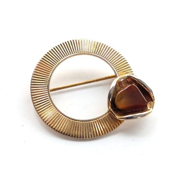 Vintage Estate Textured Gold Tone Tigers Eye Gemstone Circular Brooch - Picture 1 of 4